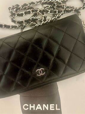 Authentic CHANEL Black Quilted Lambskin Crossbody with Silver Chain. Customized